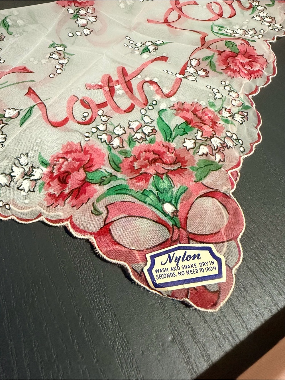1950’s Nylon Floral Pink Scalloped hankie #Vintage